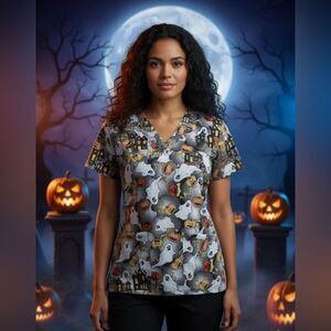 Electrifying Ghost Tafford Halloween Smock Women’s Large Scrub Top 42-44 Bust